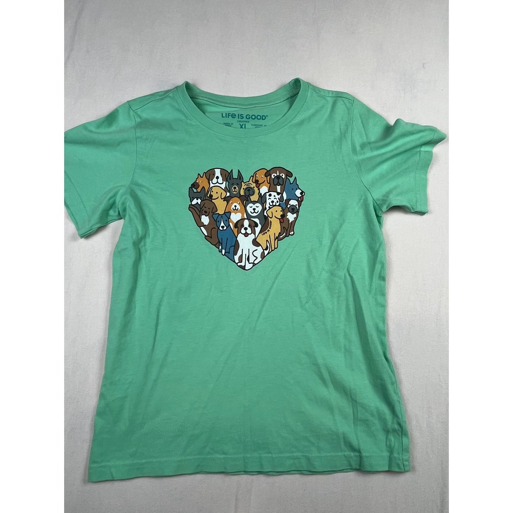 Life is Good Kids XL Crusher Tee Green Dog Heart Graphic T-Shirt Short Sleeve